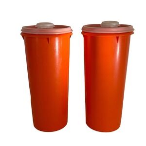 Vintage Tupperware Juice Container Tumblers w/ Sip Lids Set of 2 Orange Retro 70